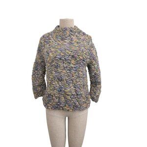 Handmade Hand-Knit Multicolor Chunky Wool Blend Sweater With Mock Neck and 3/4 S